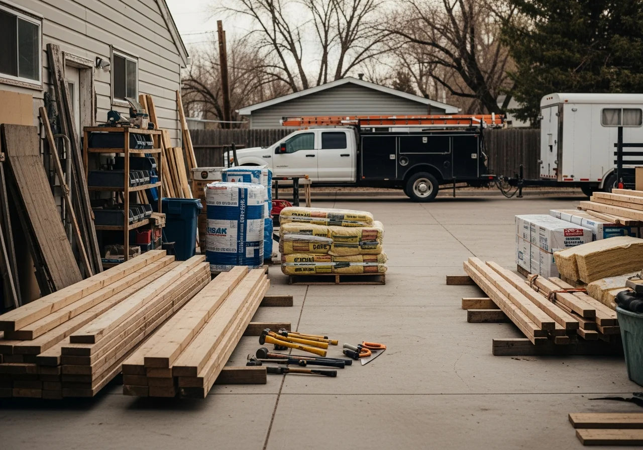 Construction crew and tools on a residential job site, showcasing professional building equipment and materials.