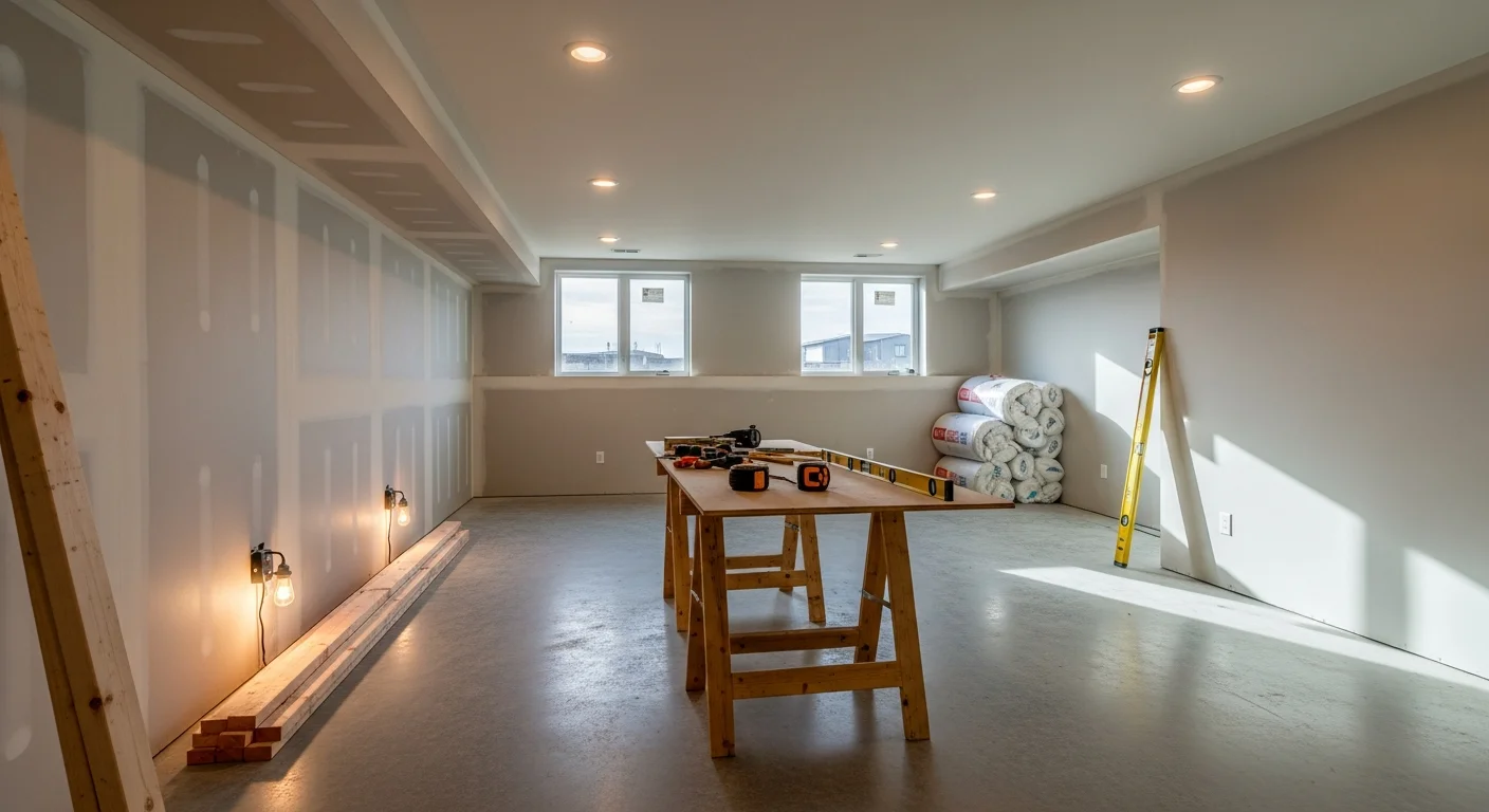 Finished basement with drywall, flooring, and lighting