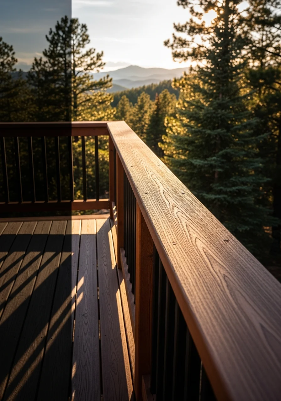 Detail of an Evergreen property's deck or patio area overlooking forested terrain, highlighting craftsmanship in mountain settings.