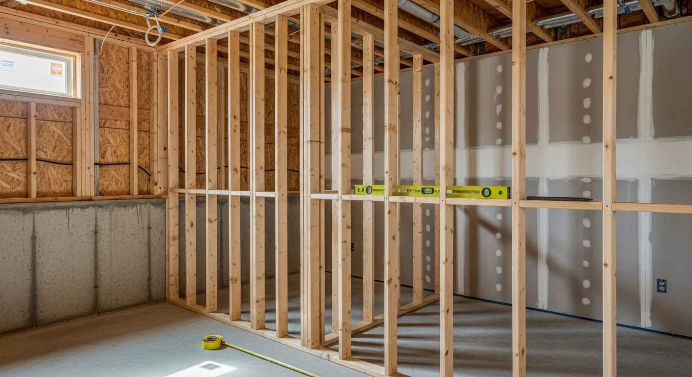 A newly finished basement in a Jefferson County home featuring framed walls, recessed lighting, and drywall ready for paint. The open-plan layout shows a clean, code-compliant living space built by Dingle Development and Construction.