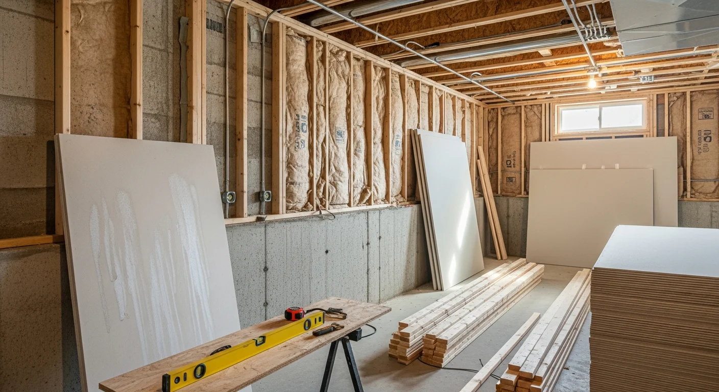 A finished basement in a Jefferson County home showing framed walls, recessed lighting, and moisture-resistant flooring ready for use as a living space. The space is fully enclosed with a clean layout typical of a Dingle Development and Construction basement remodeling project.