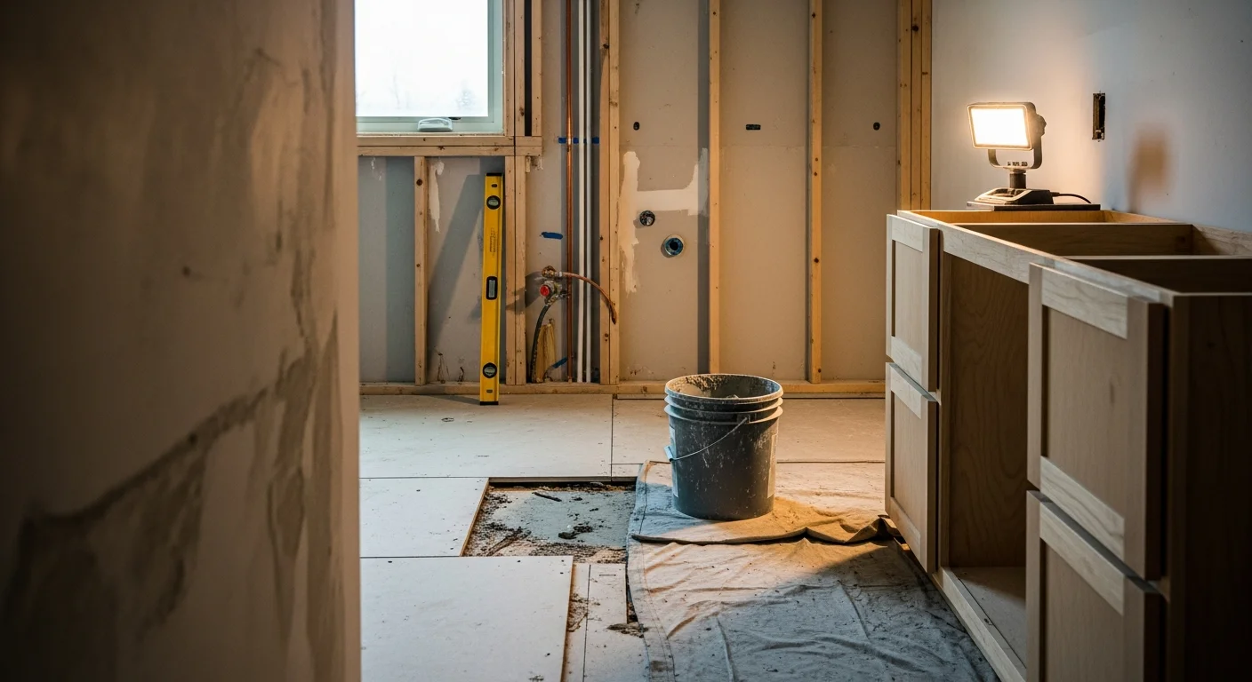 A fully remodeled bathroom in a Jefferson County home showing new floor tile, an updated vanity with storage, and a tiled walk-in shower with fresh fixtures. The space reflects the completed work of Dingle Development and Construction's bathroom remodeling service.
