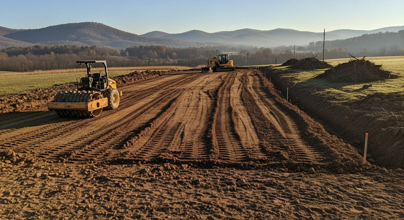 A graded and cleared building site in Jefferson County with compacted soil and level ground ready for foundation work. Heavy equipment sits at the edge of the prepared lot on a residential construction site.