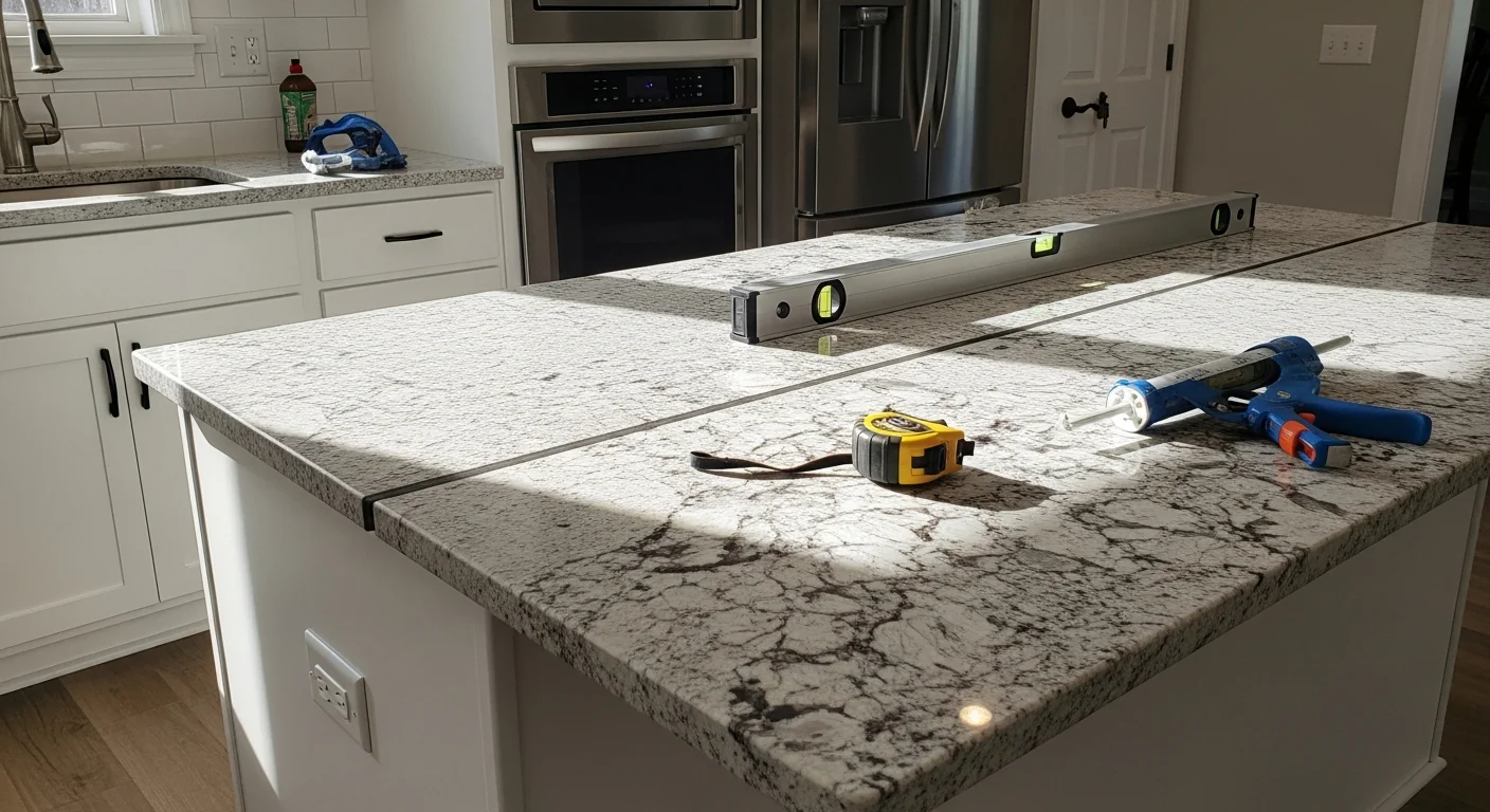 Newly installed kitchen countertop in a Jefferson County home, showing clean seams along the cabinet run and a finished edge near the sink cutout. The surface is photographed from counter height to show the fit against the backsplash wall and surrounding cabinetry.