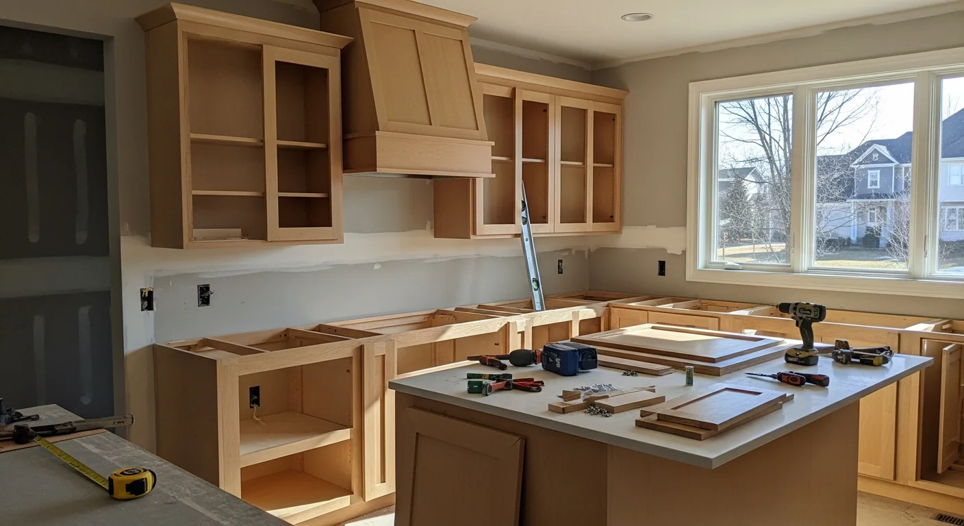 Newly installed custom wood cabinets in a Jefferson County kitchen, with floor-to-ceiling storage and fitted upper and lower cabinet runs along two walls. A finished bathroom vanity cabinet installation by Dingle Development and Construction showing precise fit against the wall and countertop.