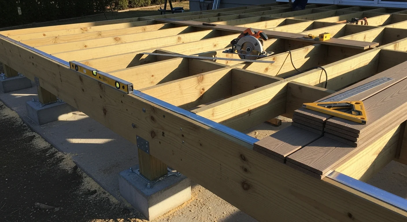 A newly constructed wood deck attached to the back of a residential home in Jefferson County. The deck features built-in railing and stairs leading to a grassy backyard.