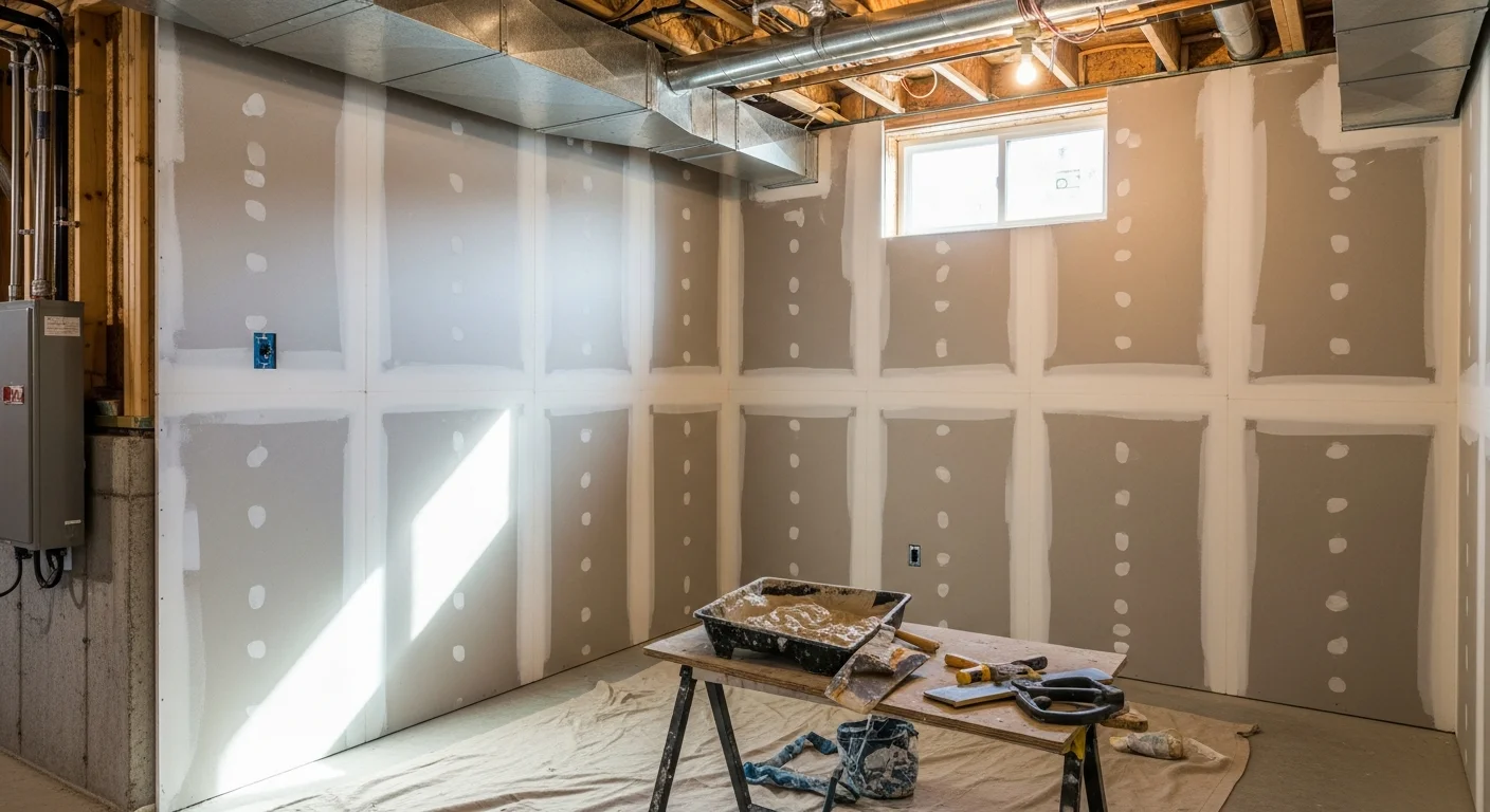 Freshly installed and finished drywall on the walls and ceiling of a basement room in a Jefferson County home. The space shows smooth, paint-ready surfaces with framed openings and visible utility access maintained along one wall.