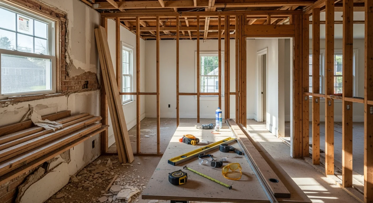 A renovated open-concept kitchen and living area inside a Jefferson County home, showing updated cabinetry, new flooring, and reconfigured interior walls. The finished space reflects a full gut renovation managed by a general contractor.