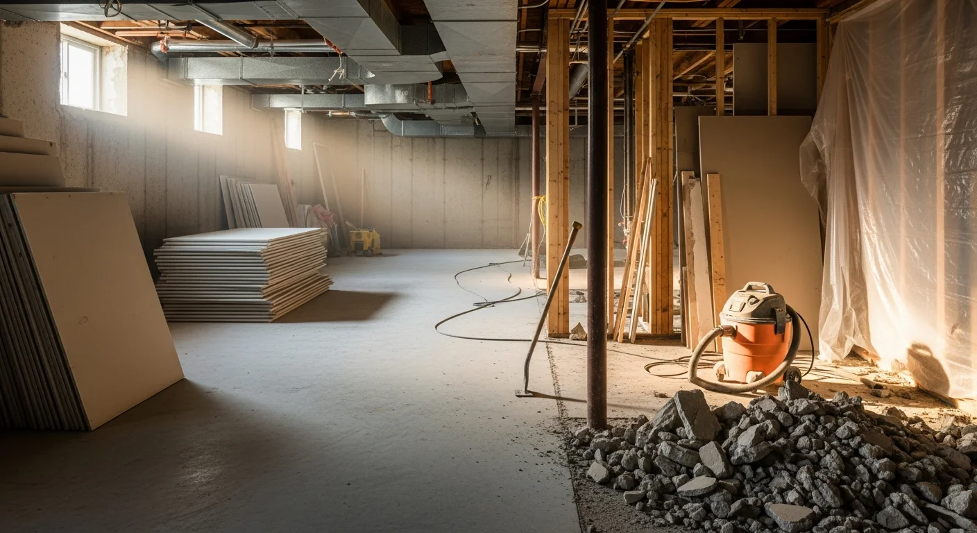A Jefferson County basement mid-interior demolition, with old partition walls removed and concrete block foundation walls exposed. The cleared concrete floor and open framing show a build-ready space prepared for basement finishing work.