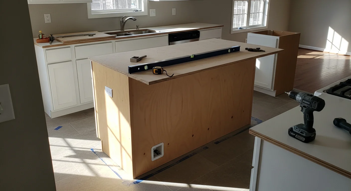A newly installed built-in kitchen island with a stone countertop and lower cabinet storage inside a Jefferson County home remodeled by Dingle Development and Construction. The island is centered in an open kitchen layout with clear walkway space on all sides.