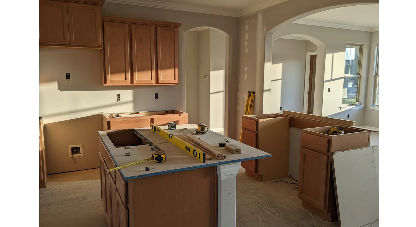 A finished kitchen remodel in a Jefferson County home showing updated cabinetry, new countertops, and an open layout connecting to the main living area. Work completed by Dingle Development and Construction.