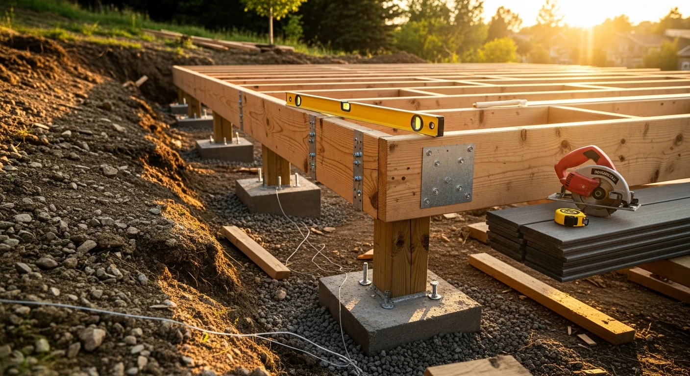 A newly built wood-framed raised deck attached to a single-family home on a sloped Jefferson County lot, with open backyard views and a stair access point leading to a ground-level patio area below.