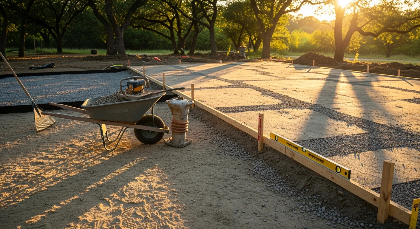 A finished backyard patio built by Dingle Development and Construction on a Jefferson County residential property, showing a level surface with clean edges and open space for outdoor seating. The surrounding yard reflects the varied terrain common to Jefferson County homes.
