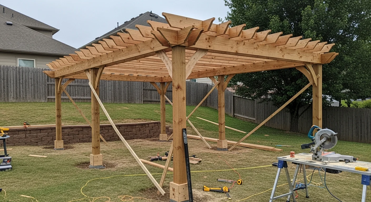 A newly installed wood pergola in a Jefferson County backyard, with open beam rafters casting shade over a patio seating area. The structure sits flush against a residential home with a clean post-and-beam frame built by Dingle Development and Construction.