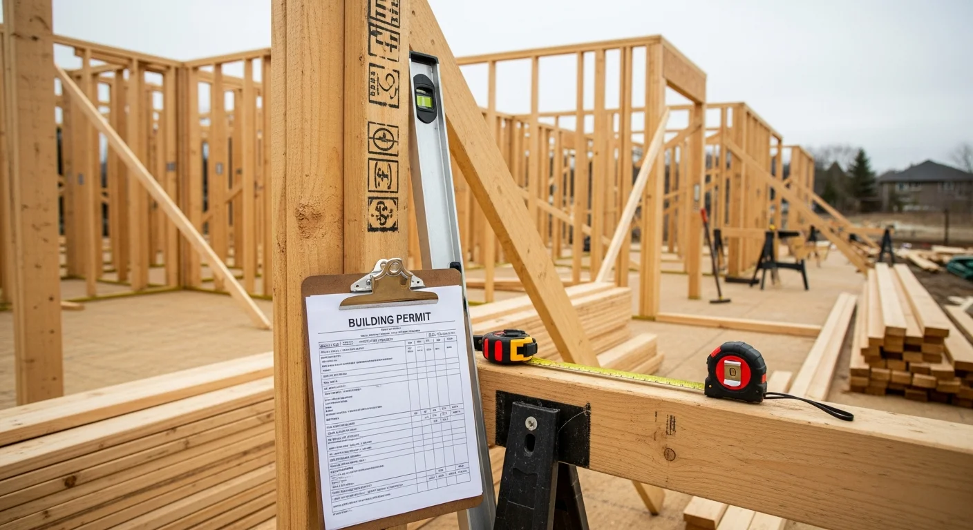 A newly framed residential home under construction on a Jefferson County lot, with wood framing, open roof trusses, and a concrete foundation visible. A general contractor reviews structural work on site during the active build phase.